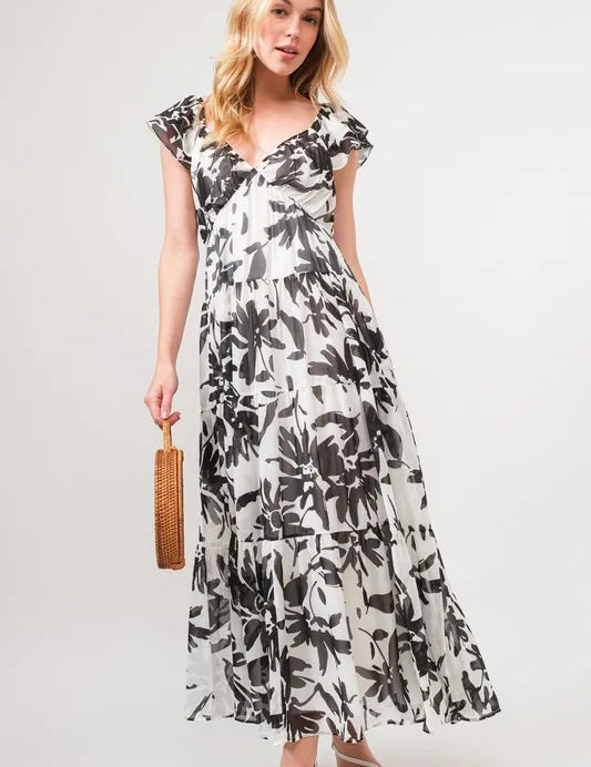 BLACK CREAM And The Why Ruffled Sleeve Tiered Floral Print Maxi Dress | Daverri Fashions