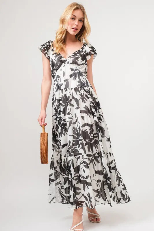 BLACK CREAM And The Why Ruffled Sleeve Tiered Floral Print Maxi Dress | Daverri Fashions