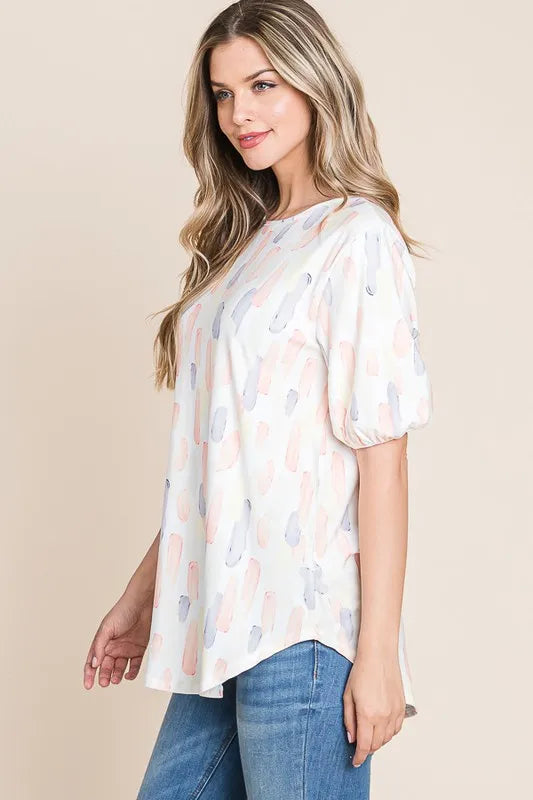 BOMBOM Round Neck Puff Short Sleeve Blouse