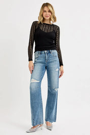 RISEN Full Size Mid Rise Fit Wide Baggy Leg Tie Washed Jeans Plus Size | Jeans Daverri Fashions