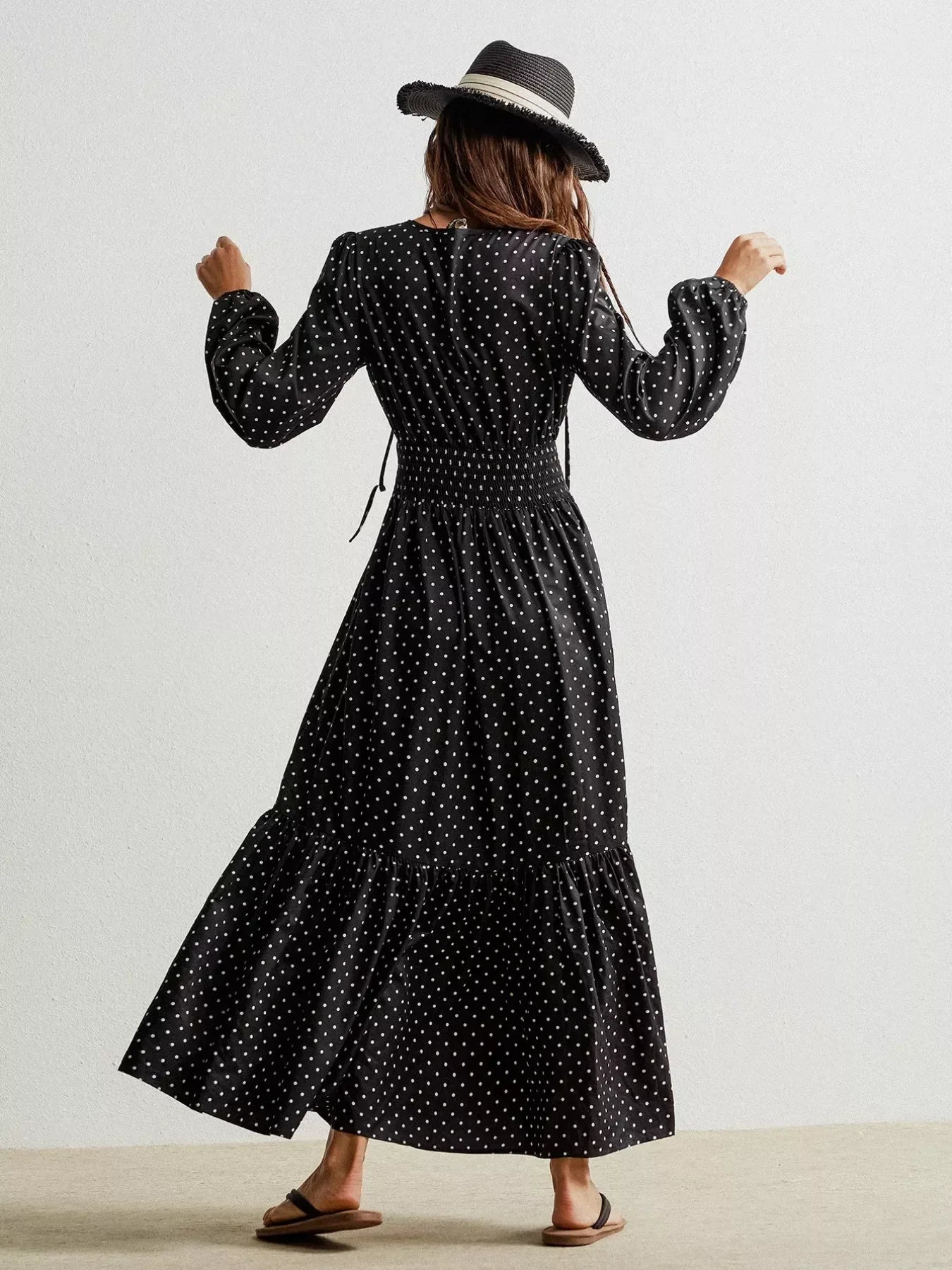 Daverri Fashions Polka Dot Long Sleeve Maxi Dress - DAVERRI FASHIONS