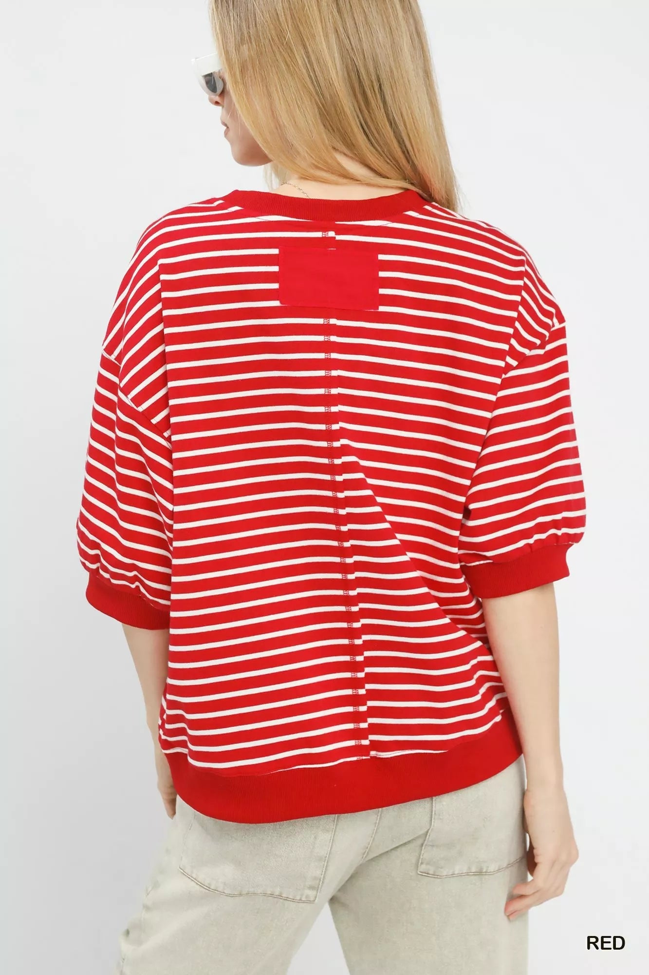 Umgee red and white striped oversized short sleeve pullover sweatshirt with red back patch