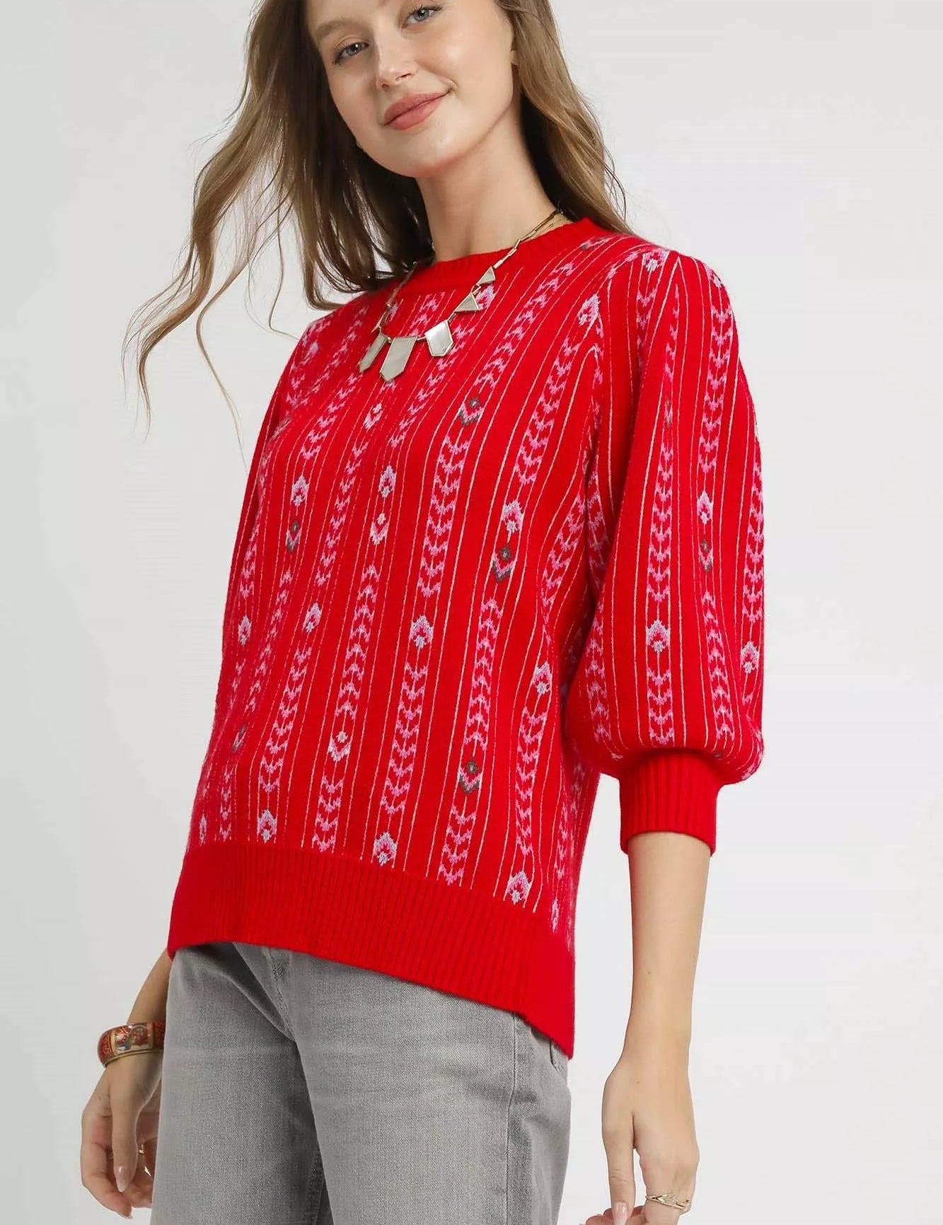 Umgee Jacquard Knit Puff Sleeve Sweater | Sweaters Daverri Fashions