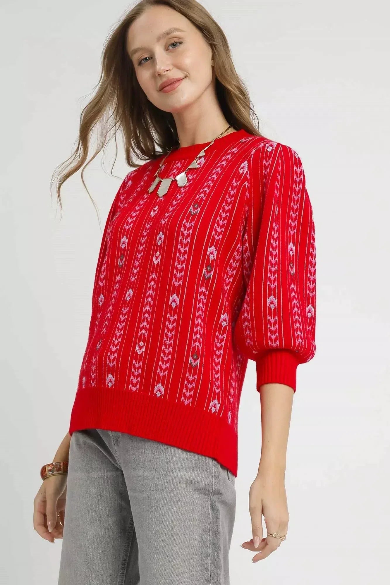 Umgee Jacquard Knit Puff Sleeve Sweater - DAVERRI FASHIONS