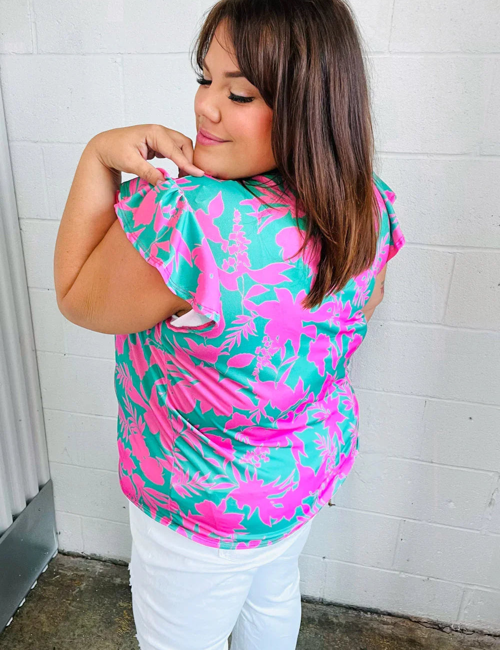 Pink & Green Floral Print Frilled Short Sleeve Yoke Top | 07-01-25 Summer Sale Daverri Fashions