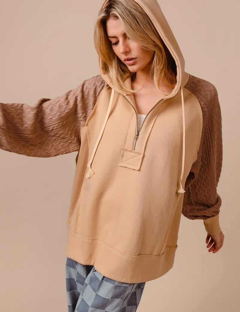 BiBi Half Zip French Terry Hoodie with Kint Sleeves | Hoodies Daverri Fashions
