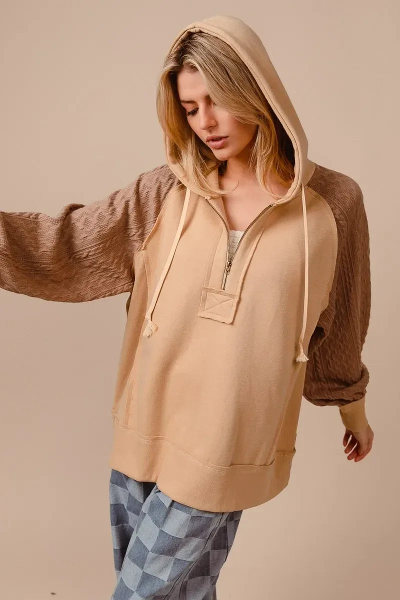 BiBi Half Zip French Terry Hoodie with Kint Sleeves - DAVERRI FASHIONS