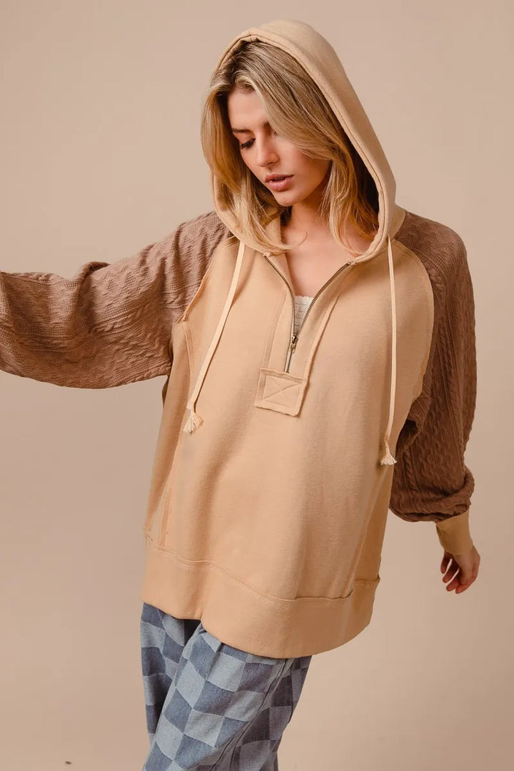 BiBi Half Zip French Terry Hoodie with Kint Sleeves | Daverri Fashions