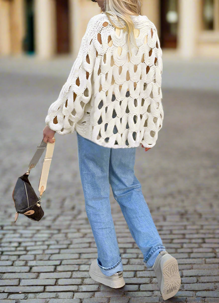 Soft Crewneck Long Sleeve Crochet Knit Oversized Sweater