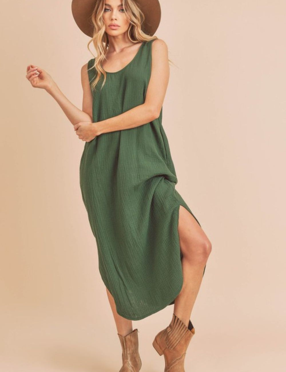 Aemi + Co Round Neck Midi Tank Dress with Pockets Dark Green Midi Dresses