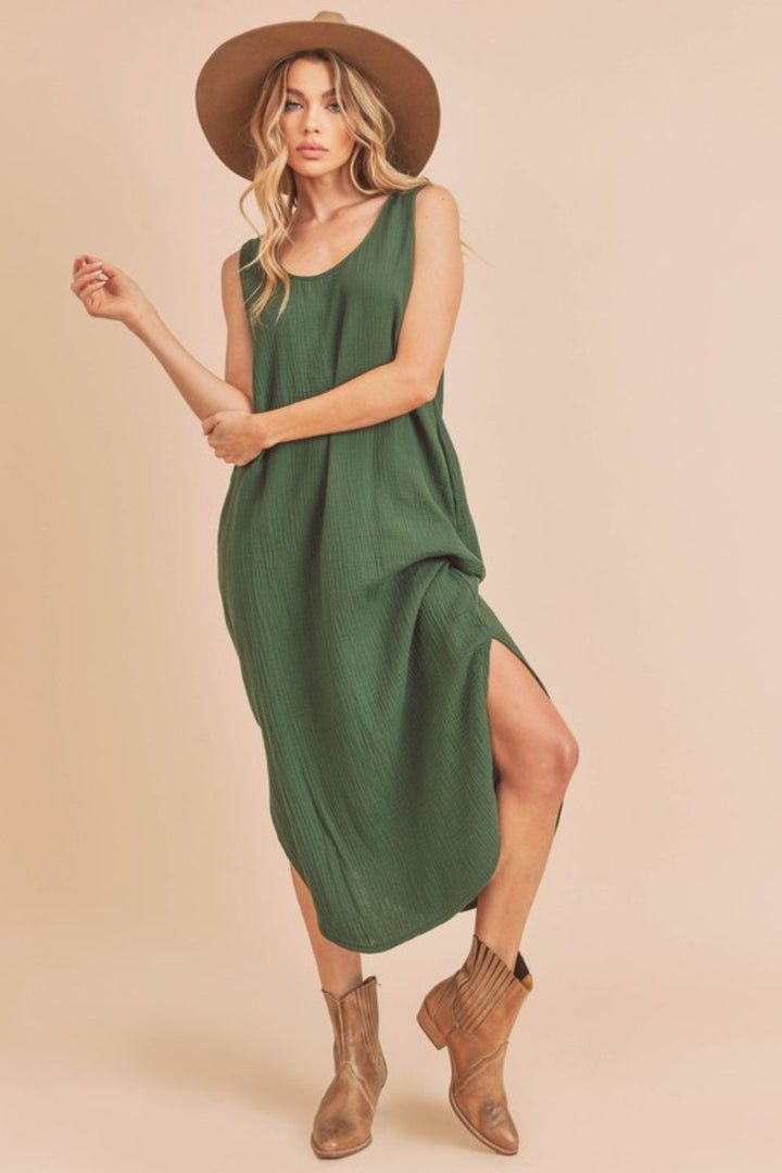 Aemi + Co Round Neck Midi Tank Dress with Pockets Dark Green Tank Dresses