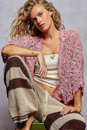 POL Openwork V-Neck Chenille Cardigan with Contrast Floral | Cardigans Daverri Fashions