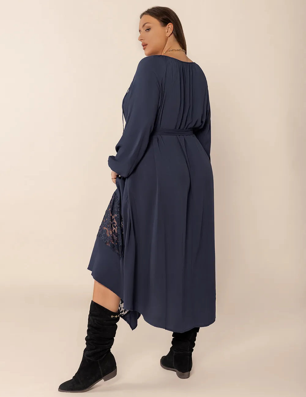 Plus Size Lace Detail Tie Neck Long Sleeve Midi Dress | Midi Dresses Daverri Fashions