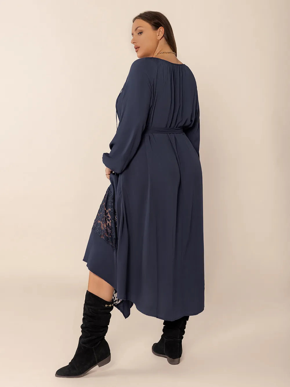 Plus Size Lace Detail Tie Neck Long Sleeve Midi Dress | Midi Dresses Daverri Fashions