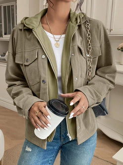 Daverri thermal knit olive green corduroy hooded jacket with silver buttons