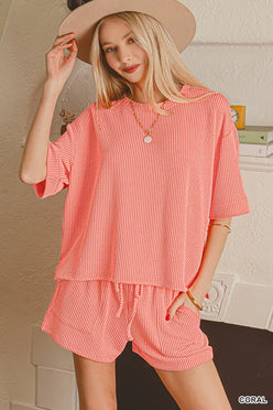 Zenana coral raised rib knit tee and drawstring shorts set