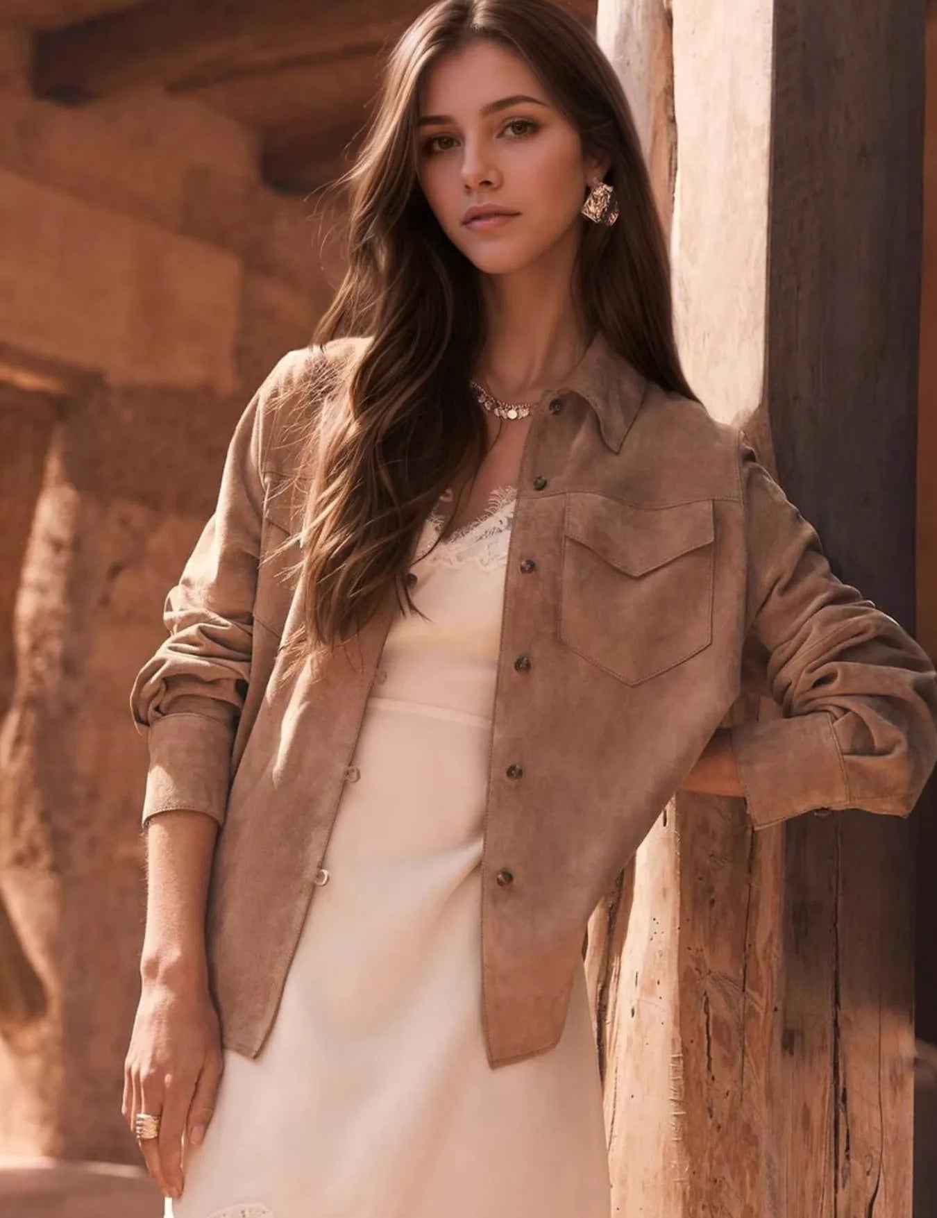 Light Brown Button Front Long Sleeve Jacket | Shackets Daverri Fashions