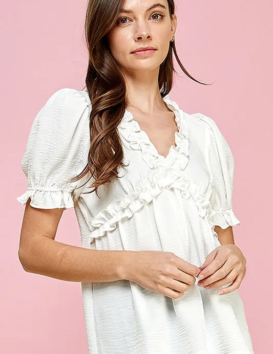 Lime 'N' Chili Solid Ruffled Deep V-Neck Puff Sleeve Babydoll Top | Tops Daverri Fashions