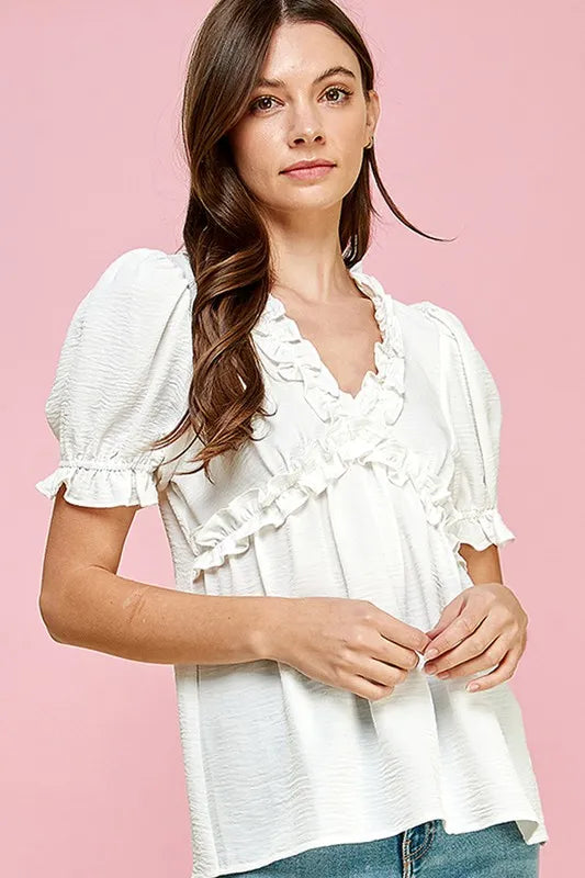 Lime 'N' Chili Solid Ruffled Deep V-Neck Puff Sleeve Babydoll Top