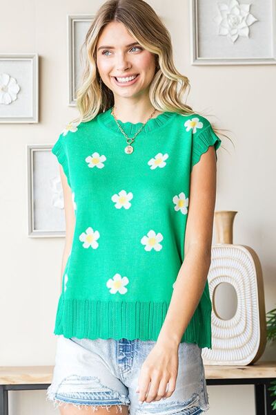 First Love Full Size Flower Pattern Round Neck Sweater Vest Sweaters