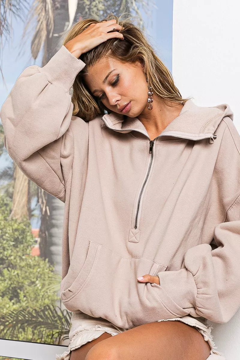 BiBi Stitch Detailed Elastic Hem Half Zip Fleece Hoodie Taupe | Hoodies Daverri Fashions