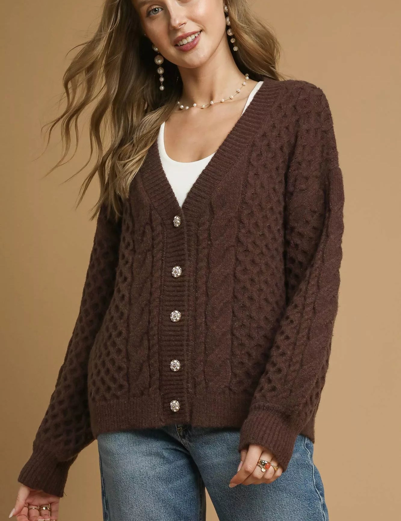 CHOCOLATE Umgee Cable Knit Pearl Button Cardigan Chocolate | Cardigans Daverri Fashions
