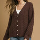 Umgee Cable Knit Pearl Button Cardigan Chocolate - DAVERRI FASHIONS