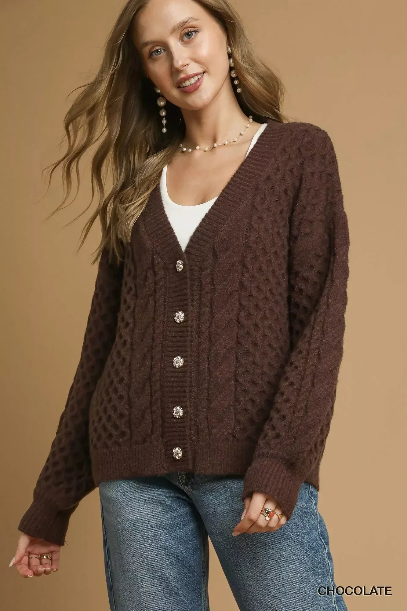 Umgee Cable Knit Pearl Button Cardigan Chocolate - DAVERRI FASHIONS