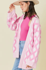 Pink Rhombus Pattern Open Front Pocketed Knit Cardigan