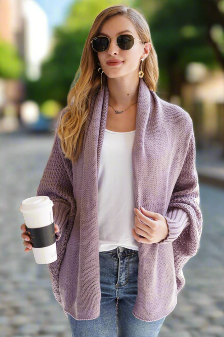 Dolman Sleeve Open Front Ribbed Trim Longline Cardigan | Cardigans Daverri Fashions