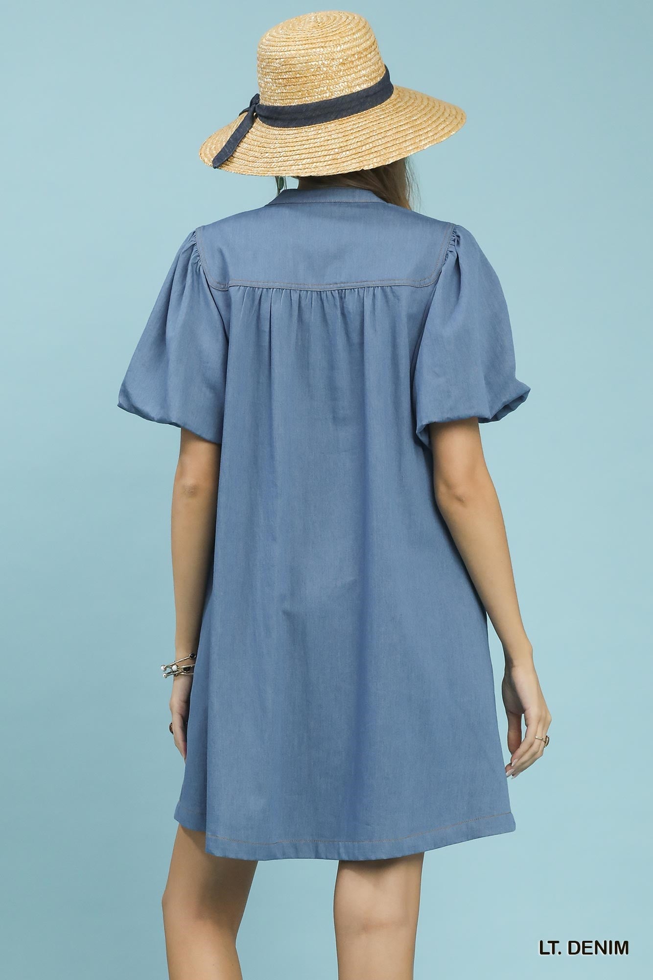 Umgee Chambray Puff Sleeve Dress in blue denim with short puffed sleeves