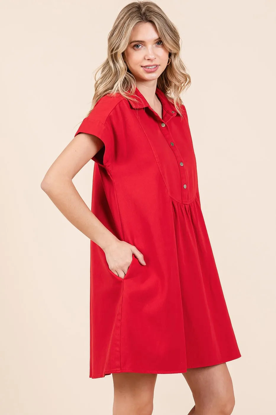 Mittoshop red twill short sleeve collared mini dress with pockets