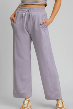 Umgee Drawstring Elastic Waist Wide Leg Pants Lavender - DAVERRI FASHIONS