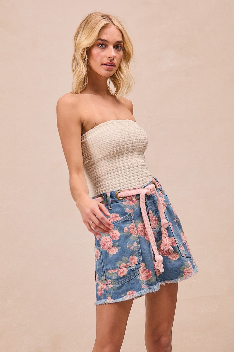 BiBi floral print denim shorts with pink flowers, braided belt, pockets