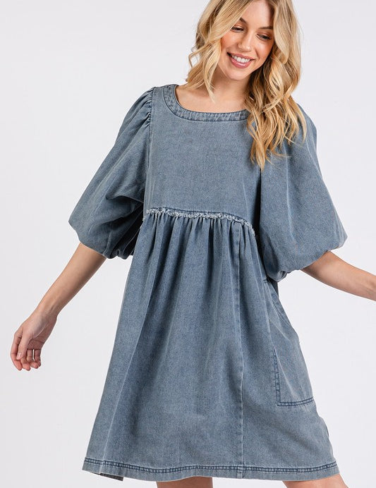 Mittoshop Washed Round Neck Puff Sleeve Denim Dress Medium