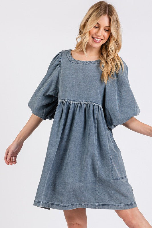 Mittoshop Washed Round Neck Puff Sleeve Denim Dress Medium