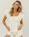 BiBi Crinkle Bubble Textured Ruffled Top in white with square neckline