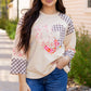 Cream raglan sleeve top with beige plaid floral peace heart patch