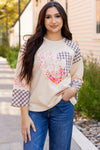 Cream raglan sleeve top with beige plaid floral peace heart patch