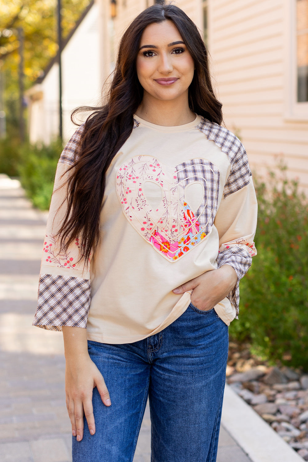 Cream raglan sleeve top with beige plaid floral peace heart patch