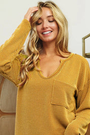 MUSTARD BiBi Wavy Two Tone Rib Notch Neck Patch Pocket Top | Knit Tops Daverri Fashions