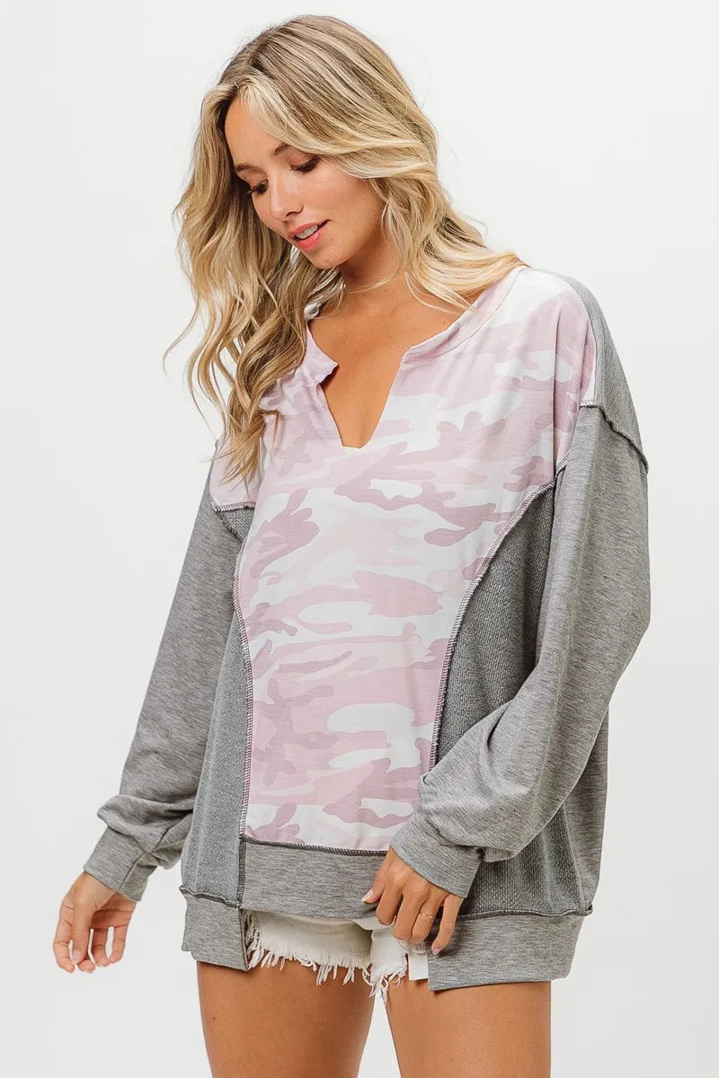 BiBi Heather Grey Camo Printed French Terry Knit Top