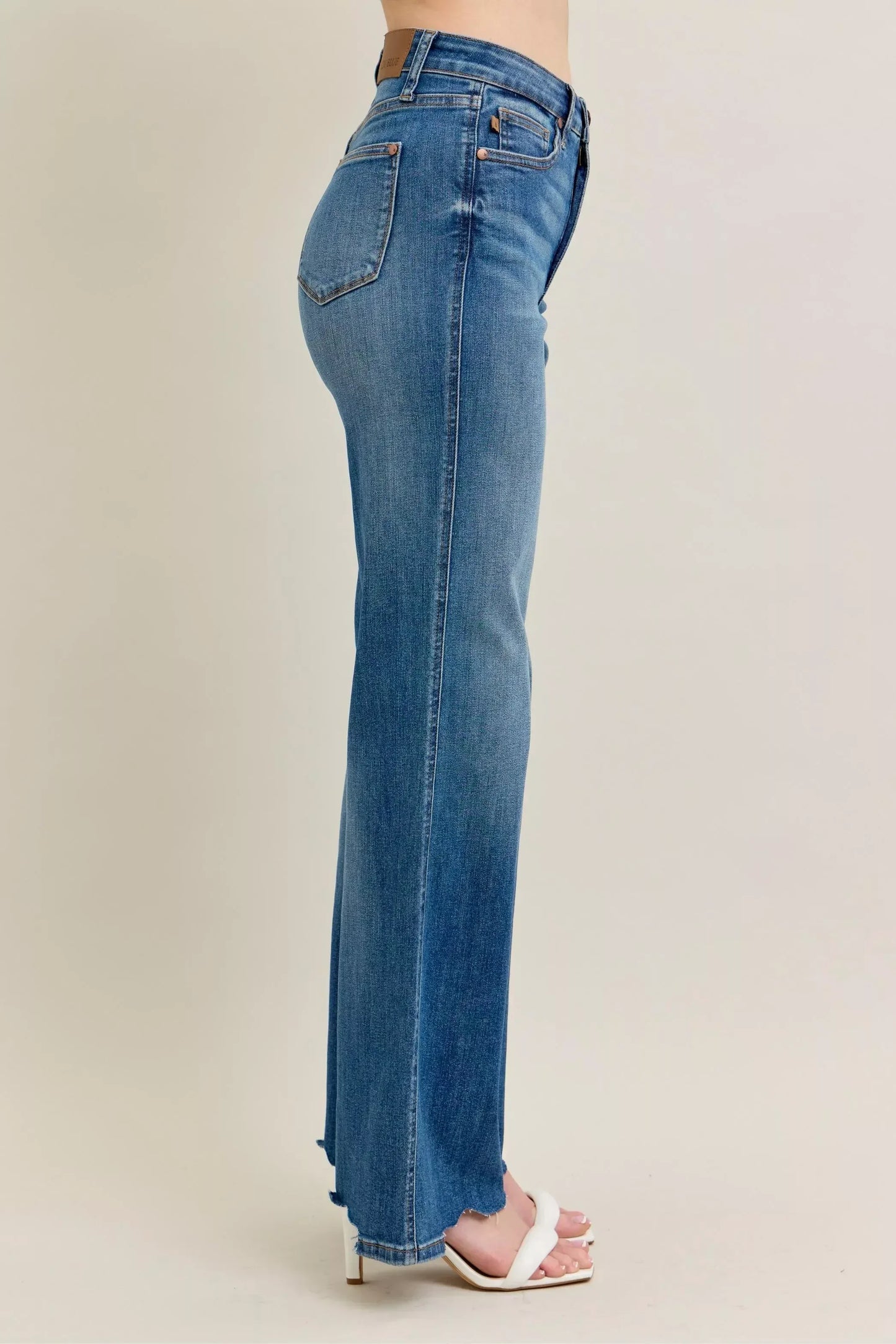 Judy Blue Full Size High Waist Tummy Control Chew Hem Destroy Wide Jeans Plus Size - DAVERRI FASHIONS