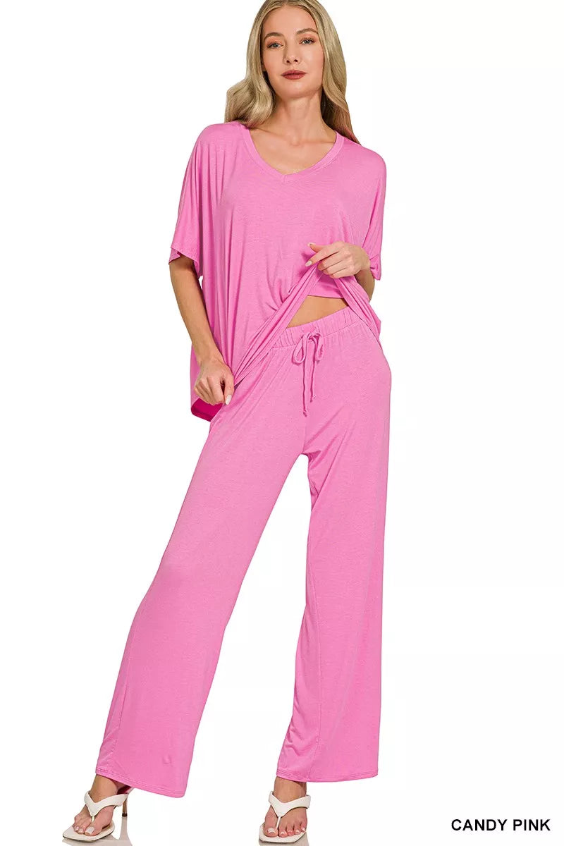 Zenana candy pink oversized V-neck top and drawstring pants set