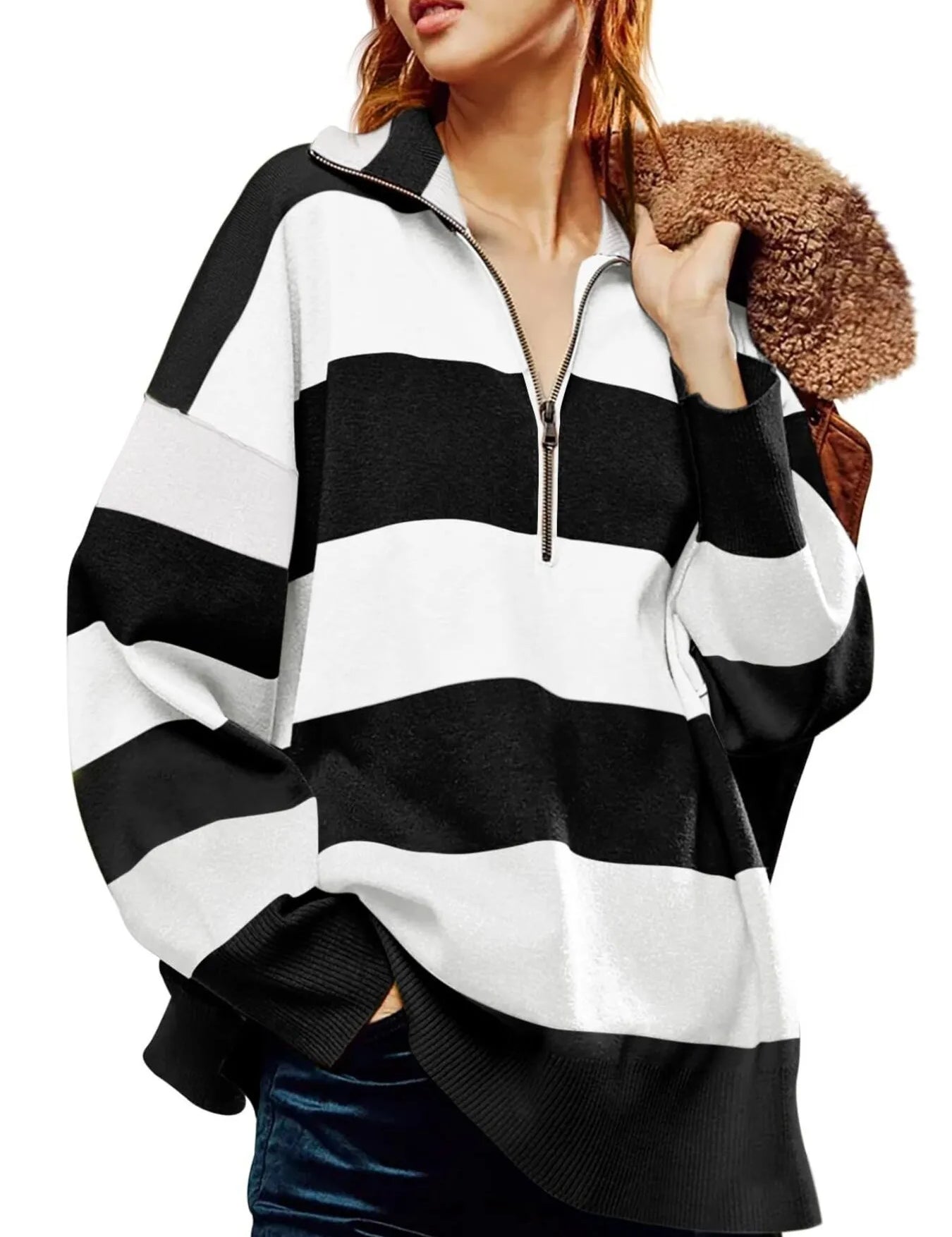 Black Striped Half-Zip Oversized Sweatshirt | Sweatshirts Daverri Fashions