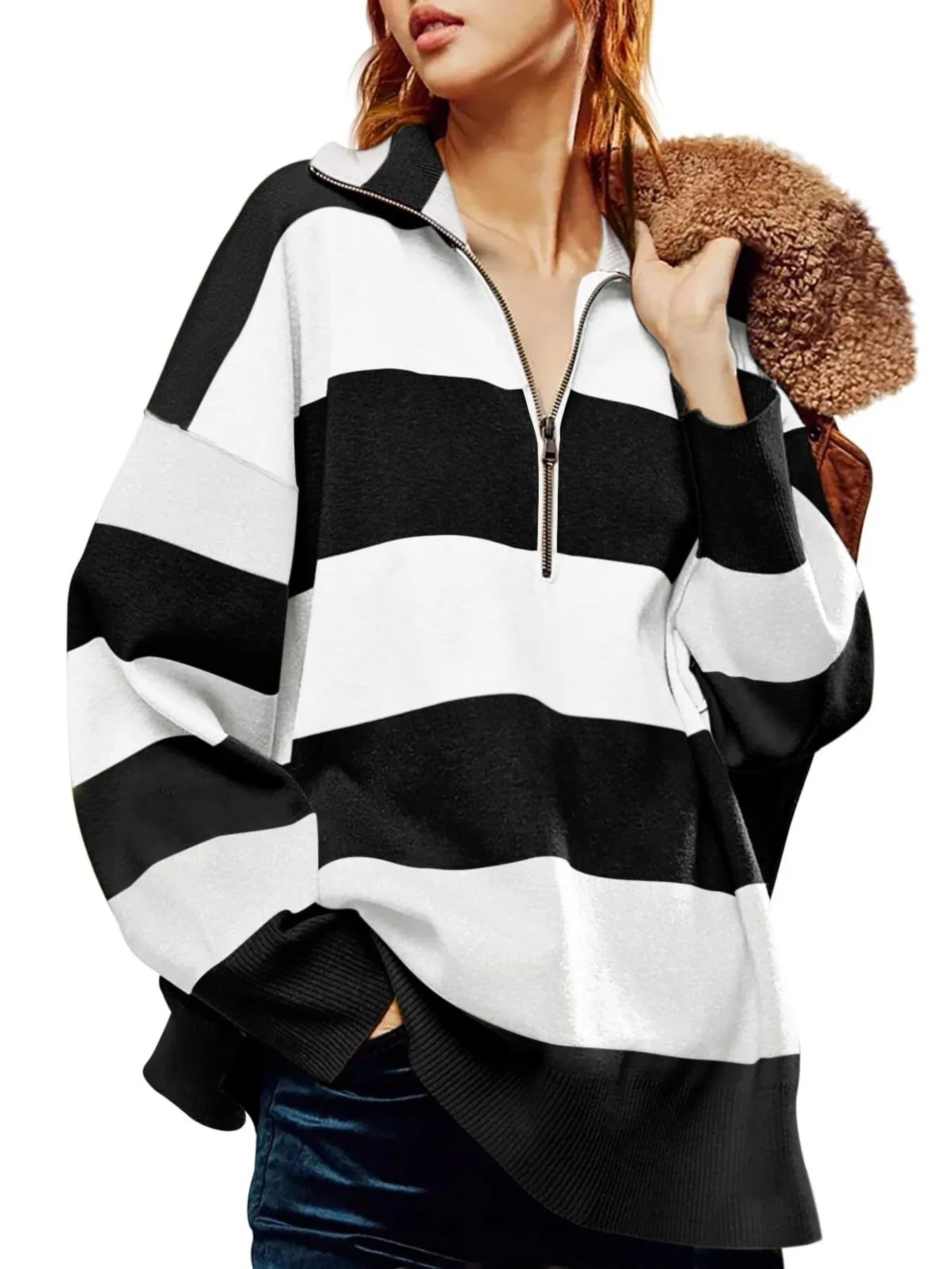 Black Striped Half-Zip Oversized Sweatshirt | Sweatshirts Daverri Fashions