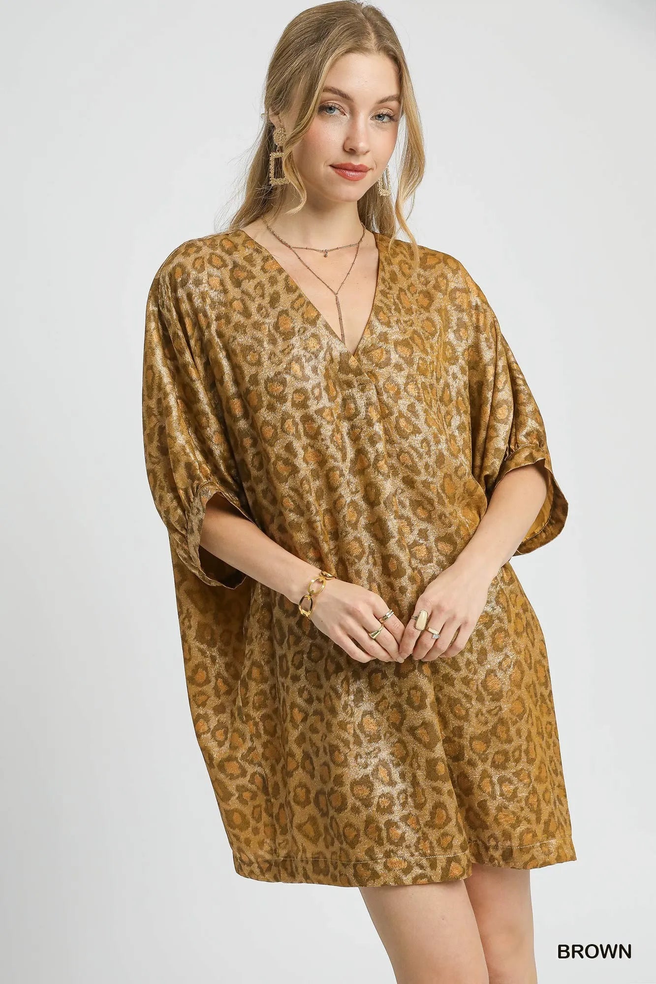 Umgee Metallic Leopard Print V-Neck Kimono Dress Brown