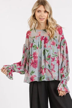Mittoshop Floral Round Neck Flounce Sleeve Blouse - DAVERRI FASHIONS
