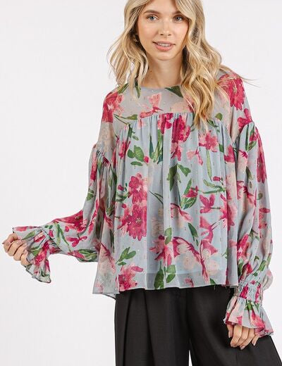 Mittoshop Floral Round Neck Flounce Sleeve Blouse Light Blue