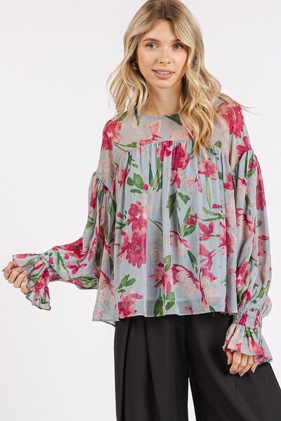 Mittoshop Floral Round Neck Flounce Sleeve Blouse Light Blue